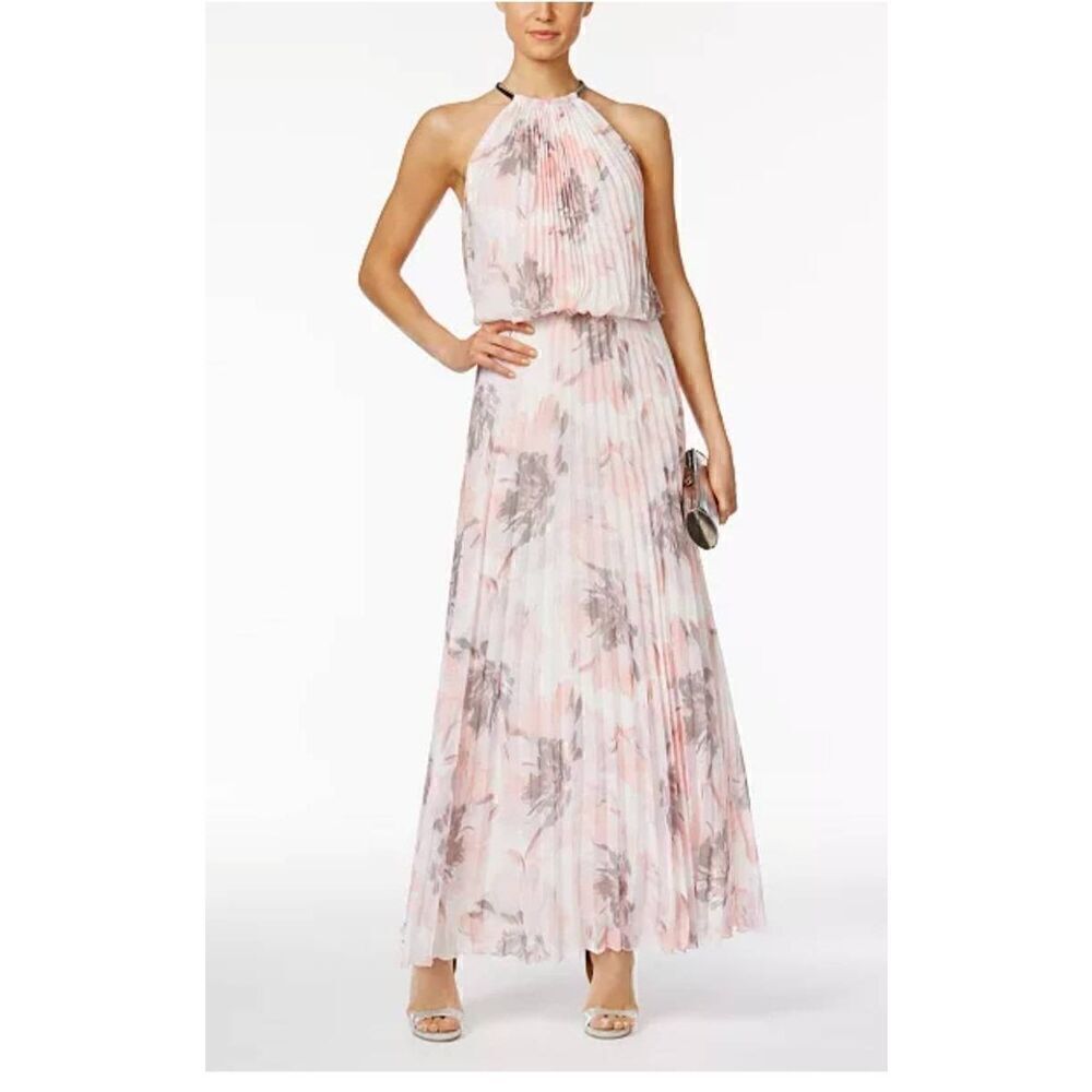 MSK Womans White, Pink and Grey Floral Print Halter,  Allover Pleated Maxi Dres,